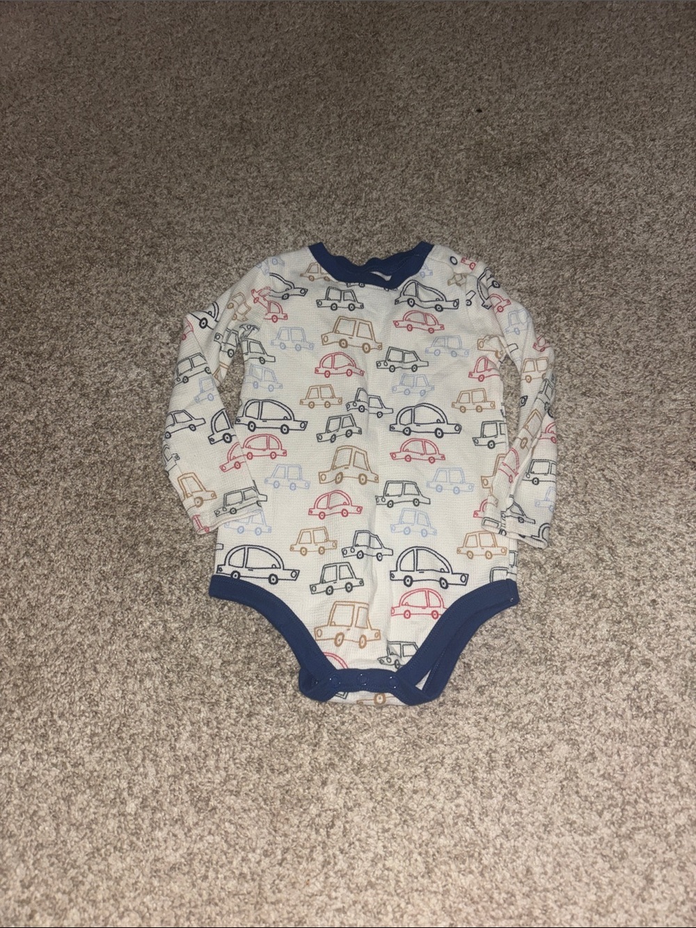 Garanimals Cream Long-Sleeve Car Print Bodysuit with Navy Trim